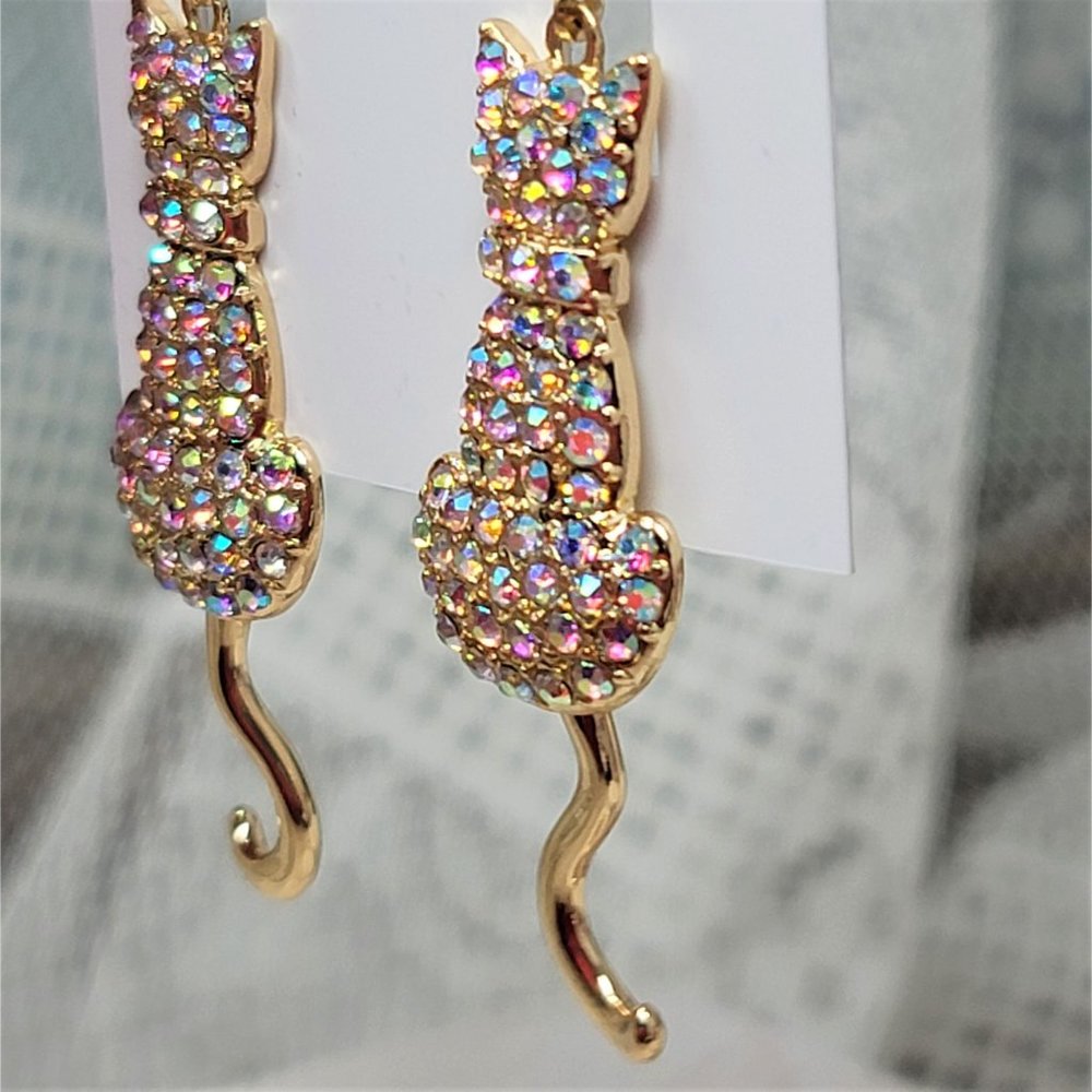 Bella Jack Rhinestone Kitty Cat Earrings NWT Gold Pierced - Picture 5 of 6
